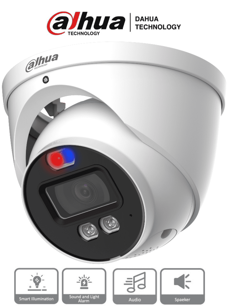 Dahua HAC-ME1239HN-A-PV - Cámara Domo TiOC de 2 Megapixeles/ Disuasion Activa Luz Roja y Azul/ Lente de 3.6 mm/ Super Adapt/ Microfono y Altavoz Integrados/ 40 Metros de Iluminación (IR y Cálida)/ Metalica/ IP67/ Dahua HAC-ME1239HN-A-PV - Cámara Domo TiOC de 2 Megapixeles/ Disuasion Activa Luz Roja y Azul/ Lente de 3.6 mm/ Super Adapt/ Microfono y Altavoz Integrados/ 40 Metros de Iluminación (IR y Cálida)/ Metalica/ IP67/